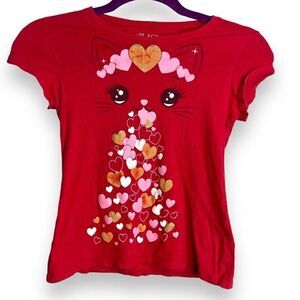 Children's Place Cat Graphic Print T-Shirt Girls Red Hearts Casual Academia Top